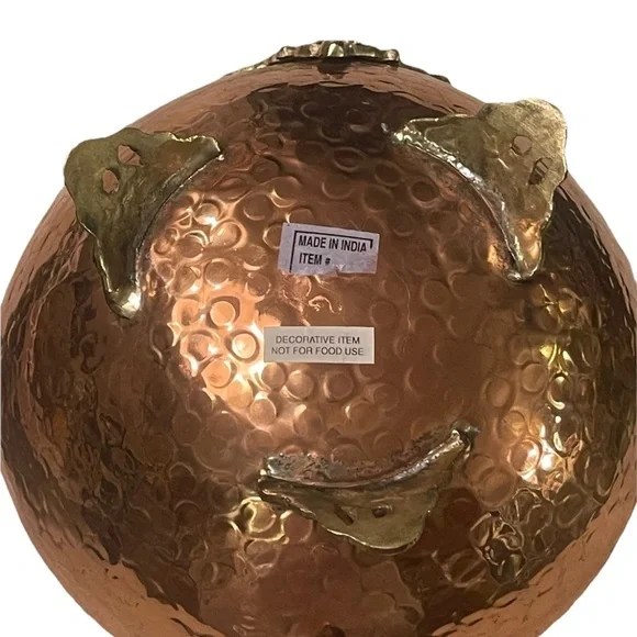 Hammered Copper Planter Ornate Brass Feet Handle Decorative Bowl Cauldron India - Picture 11 of 13
